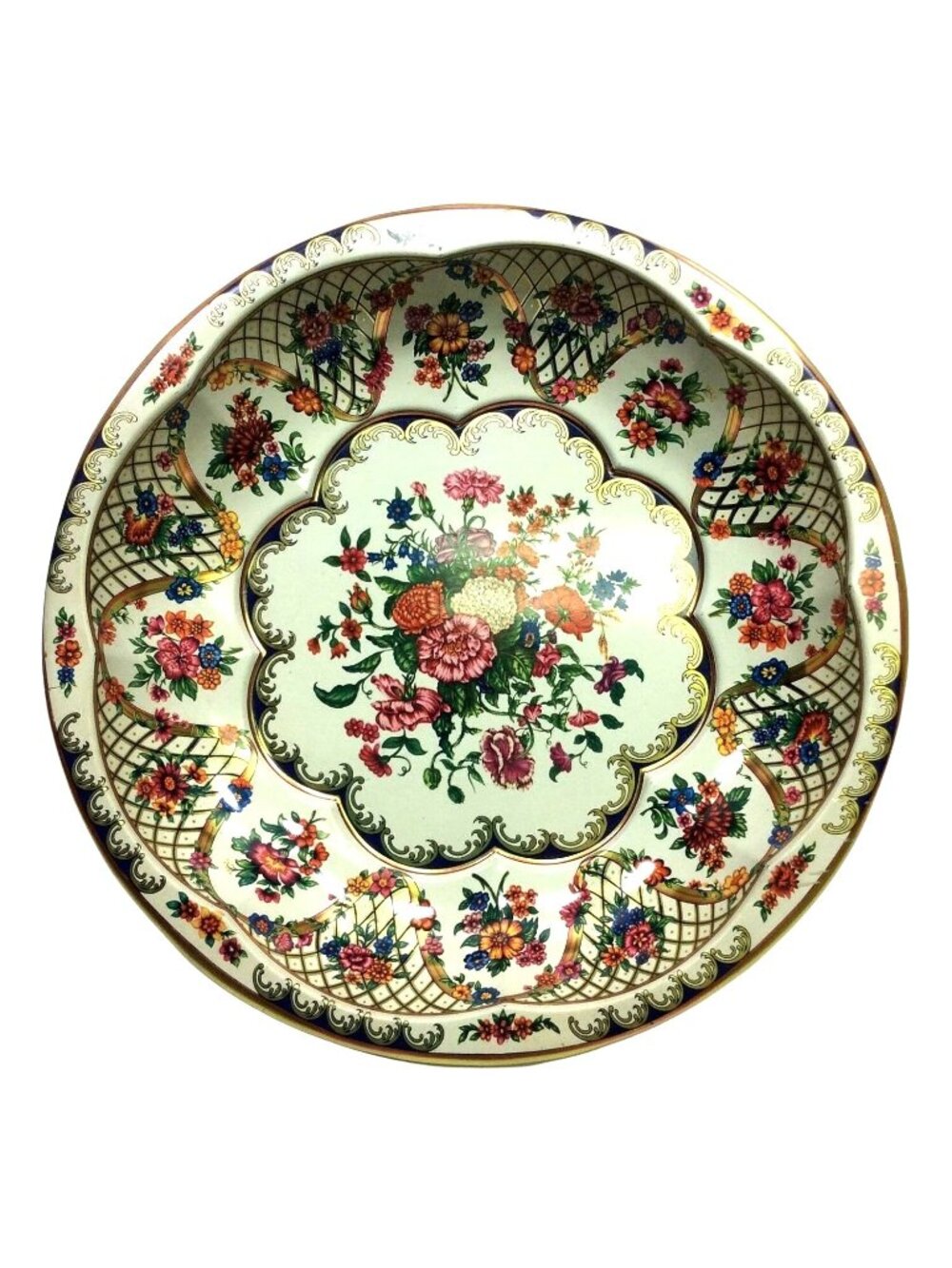 Daher England Serving Fruit Bowl Decorated Ware Tin Floral Gold Vintage 1971